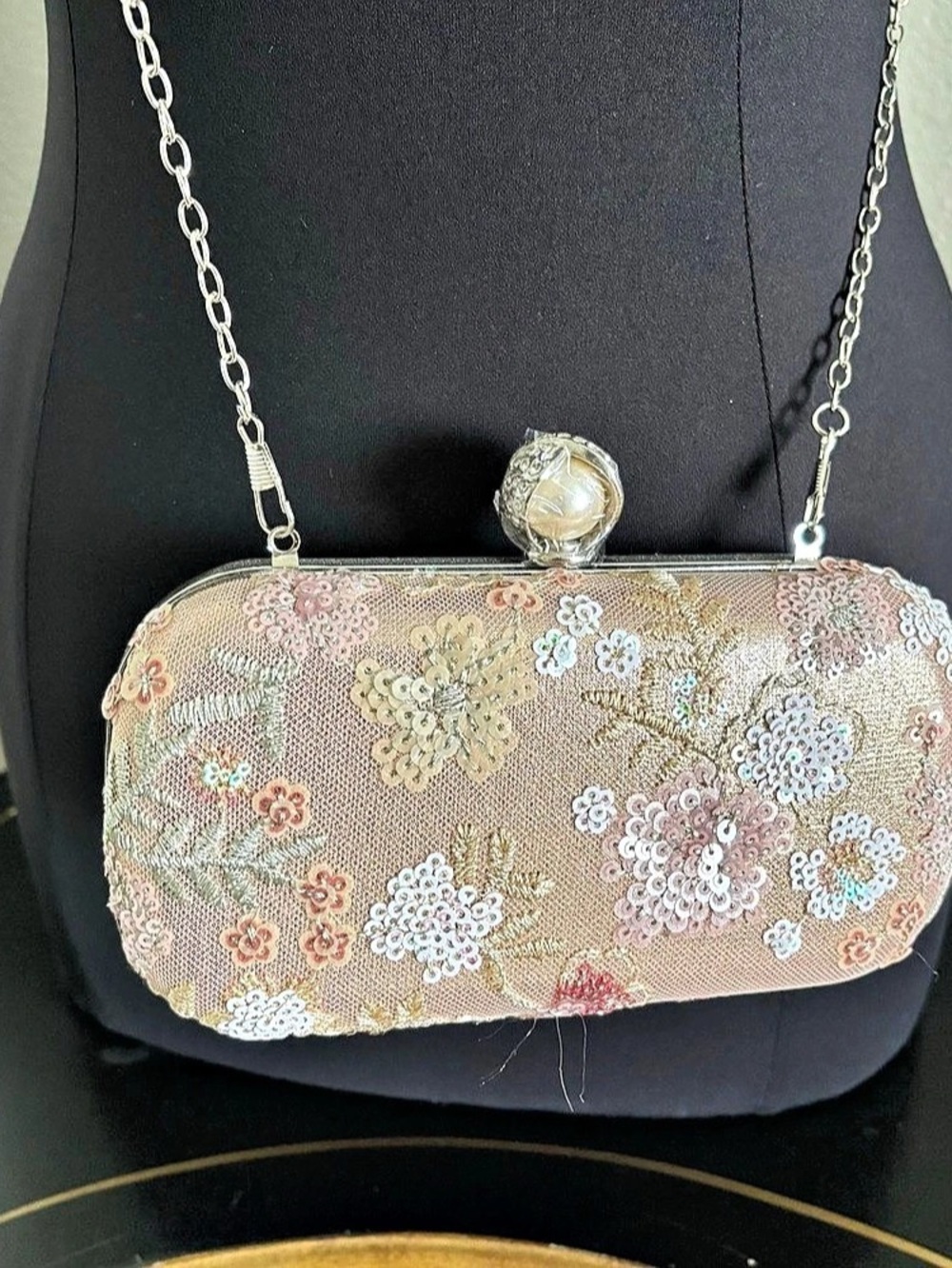 Floral Sequin Clutch in Pink & Silver Tone NWOT